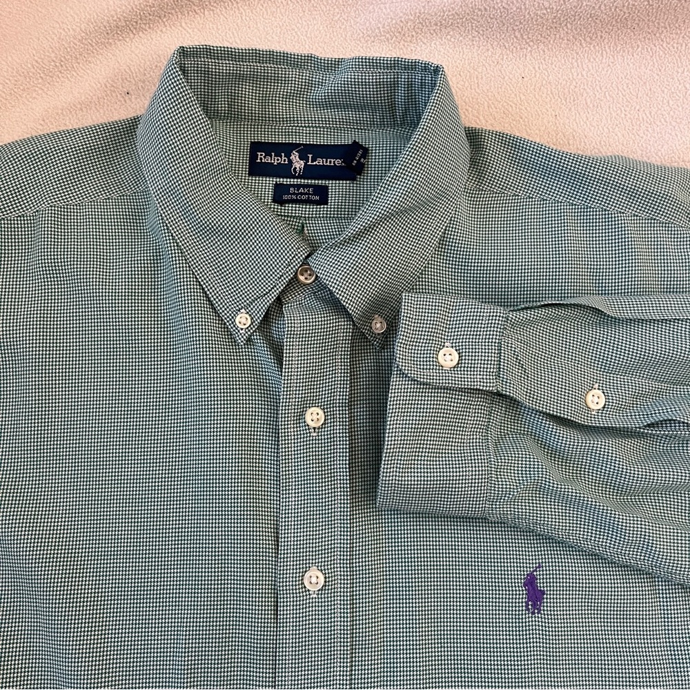 Ralph Lauren Blake 100% Cotton Men's Green White Houndstooth Button Down Shirt